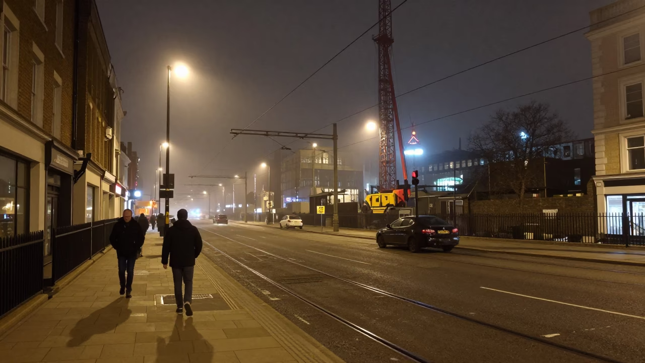 Late Night London Street Scene with Catenary Wires and Urban Details in in London, United Kingdom