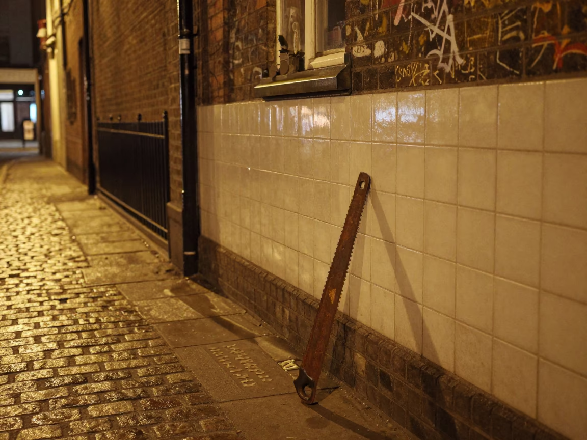 Late Night London Street Scene with Ceramic Tiles and Hacksaw in Urban Alleyway in in London, United Kingdom