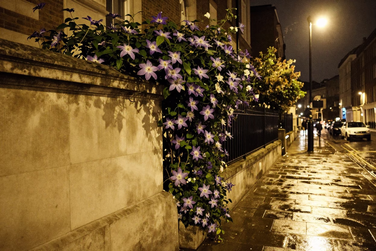 Late Night London Street Scene with Clematis Vine Stone Wall and Busy Urban Atmosphere in in London, United Kingdom