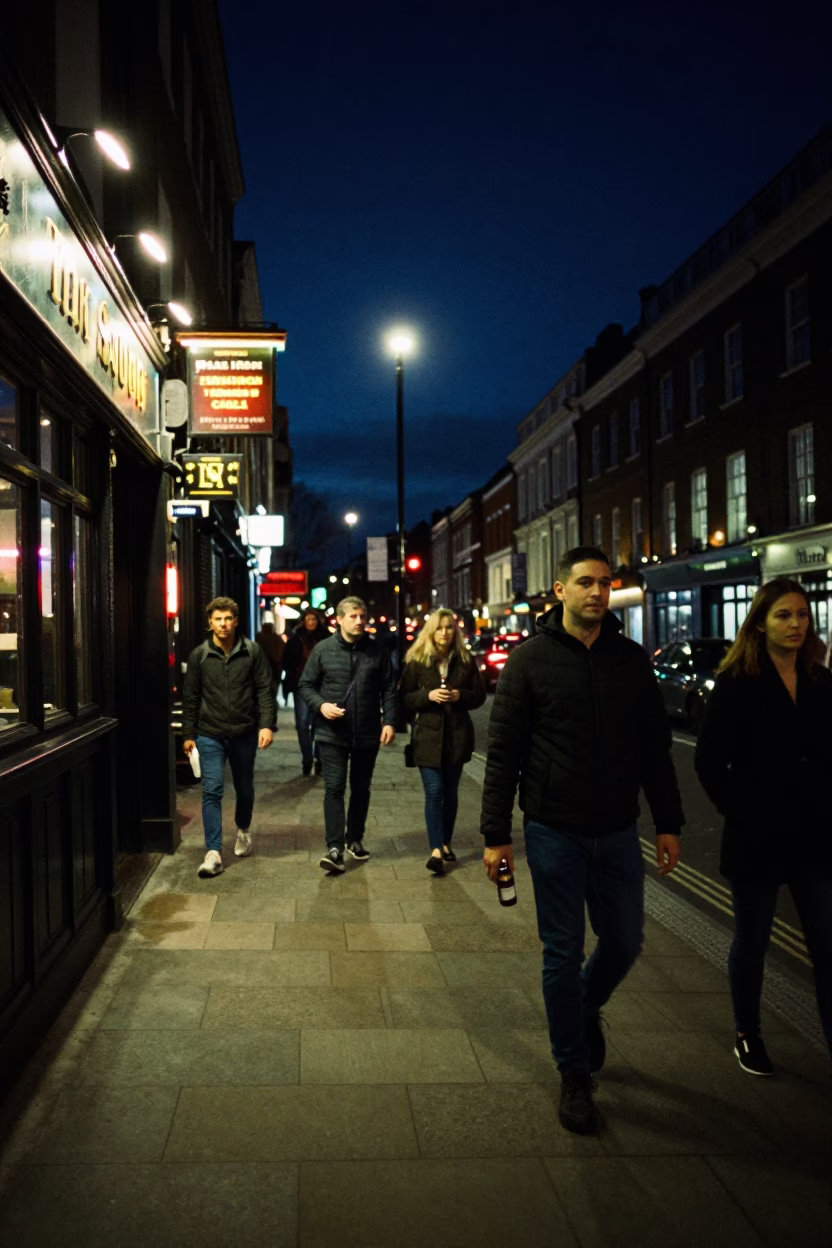 Late Night London Street Scene with Coffee Bottle and Urban Nightlife in in London, United Kingdom