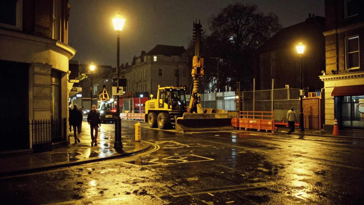 Late Night London Street Scene with Construction Pile Driver and Urban Ambience in in London, United Kingdom
