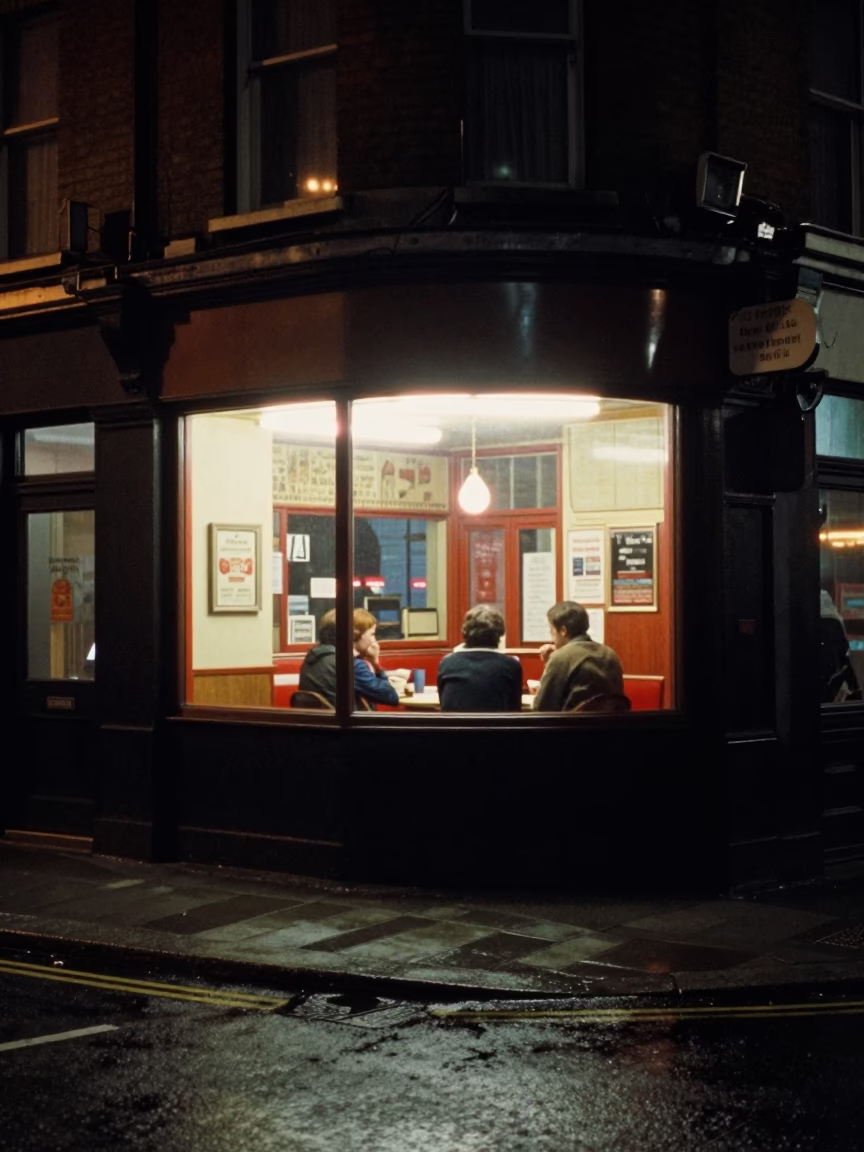 Late Night London Street Scene with Diner Interior View and Urban Atmosphere in in London, United Kingdom