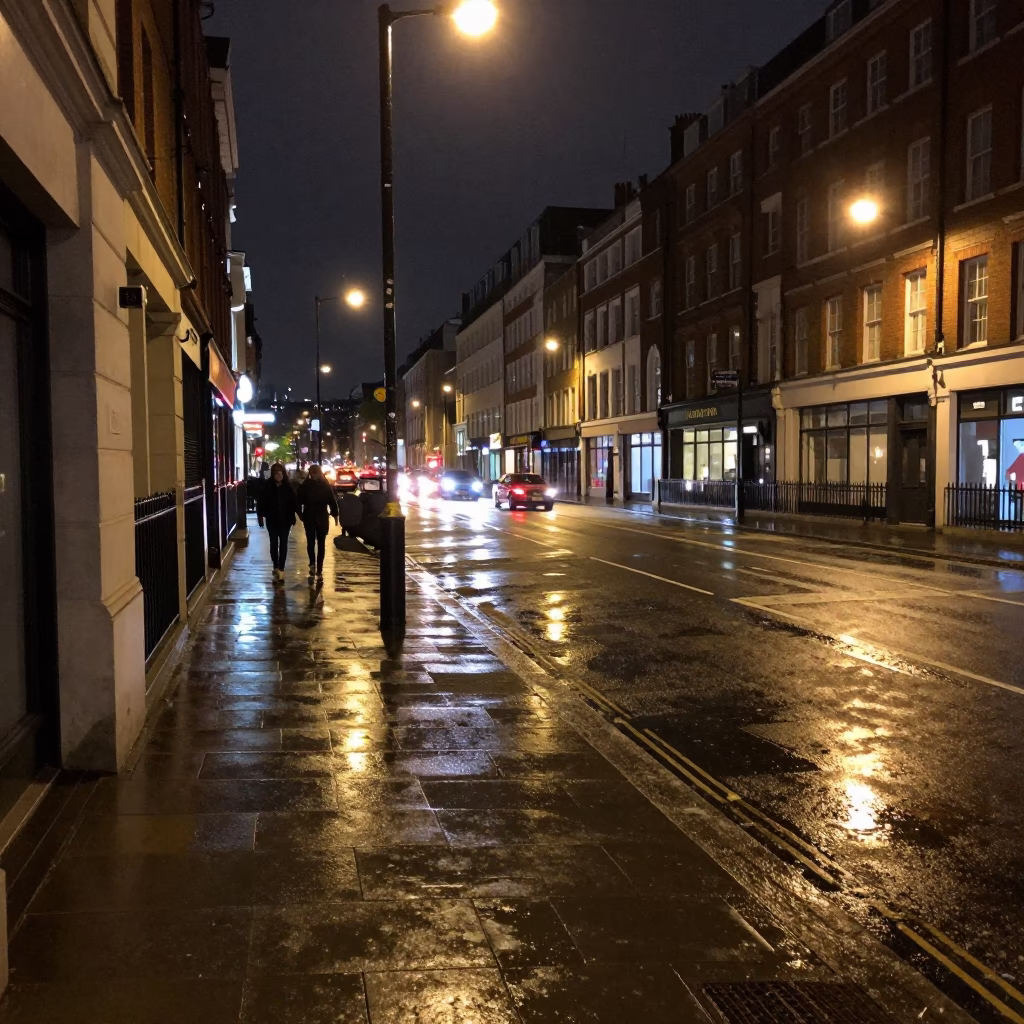 Late Night London Street Scene with Distant Traffic and Urban Details in in London, United Kingdom