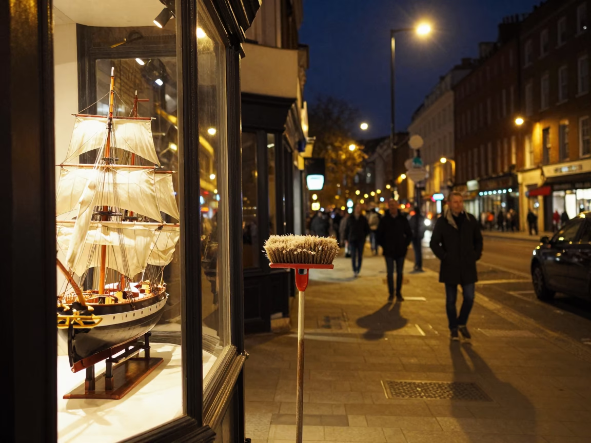 Late Night London Street Scene with Dusted Dust Brush and Model Ship Display in in London, United Kingdom