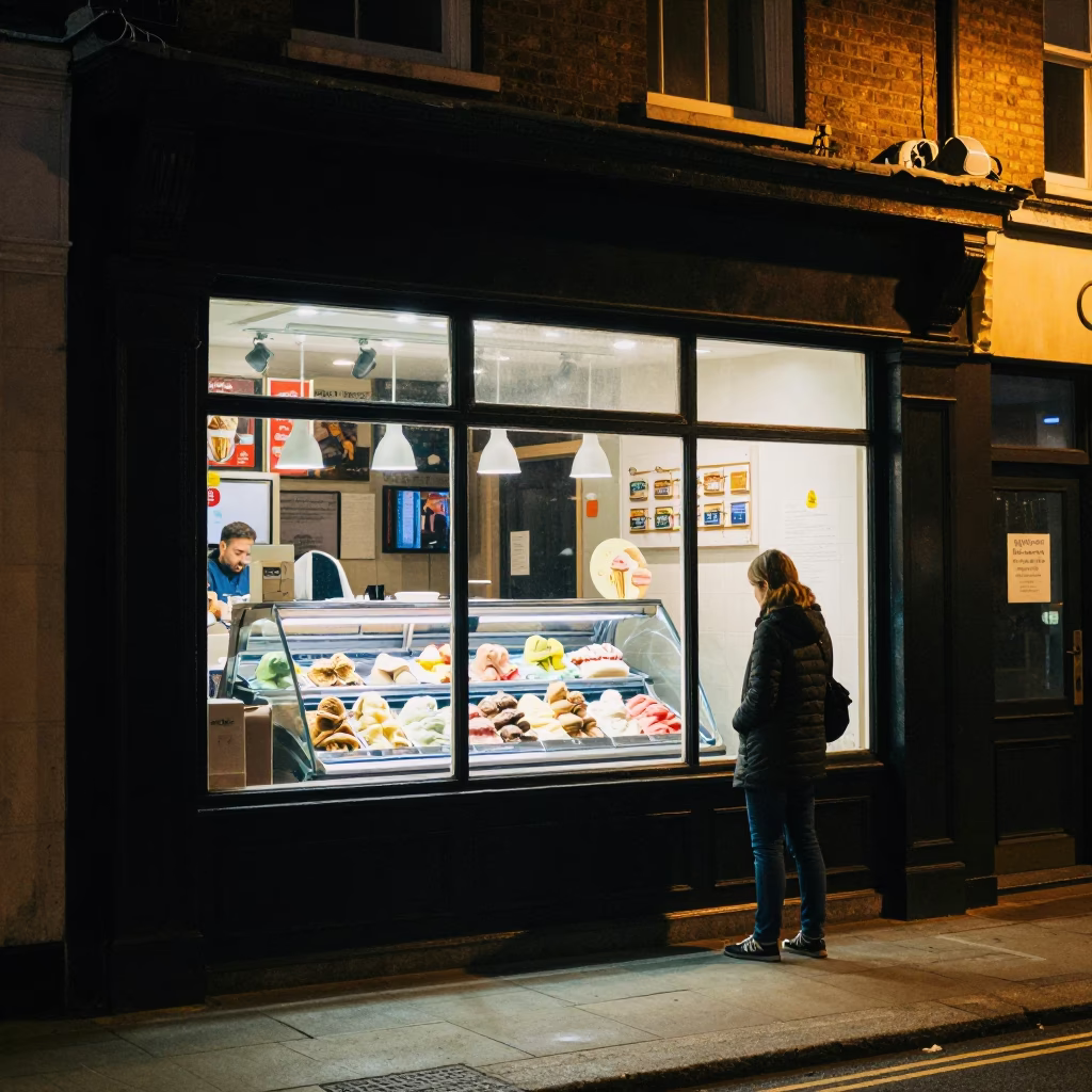 Late Night London Street Scene with Gelato Display and Tea Stains in in London, United Kingdom
