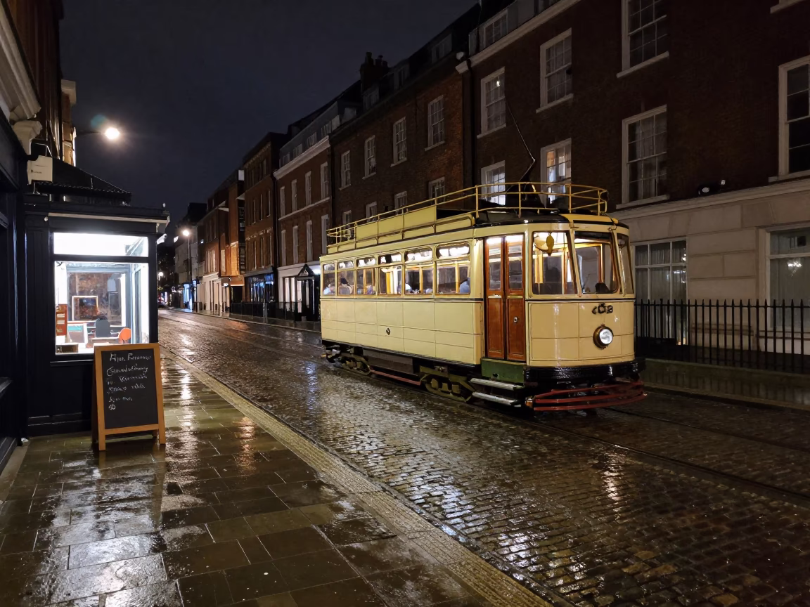 Late Night London Street Scene with Heritage Tram and Chalkboard Quote in in London, United Kingdom