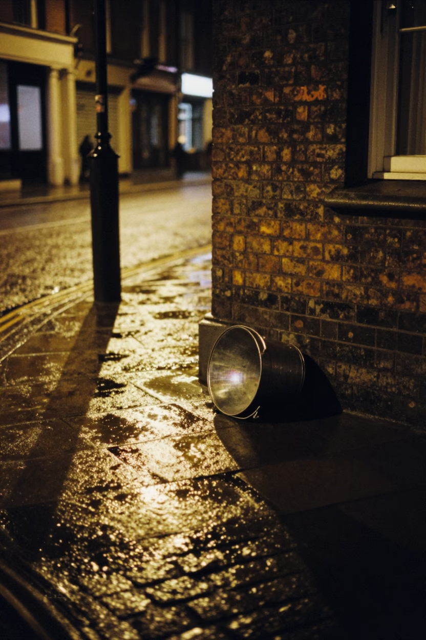Late Night London Street Scene with Metal Bucket and Garlic Bulbs on Cobblestone in in London, United Kingdom