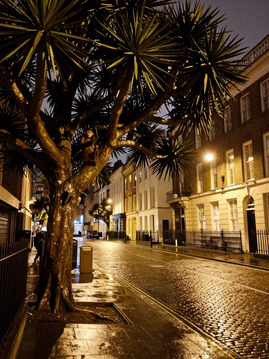 Late Night London Street Scene with Monkeys Puzzle Tree and Urban Architecture in in London, United Kingdom