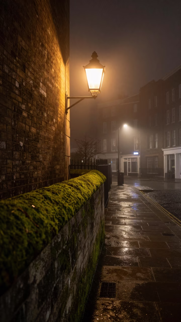 Late Night London Street Scene with Mossy Stone Wall and Glowing Lantern in Fog in in London, United Kingdom