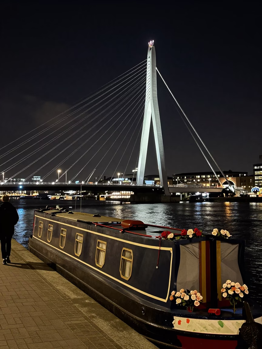 Late Night London Street Scene with Narrowboat and Cable-Stayed Bridge Illumination in in London, United Kingdom