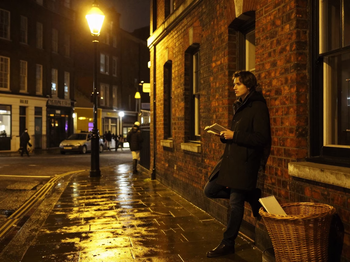 Late Night London Street Scene with Notebook and Wicker Basket Reflections in in London, United Kingdom