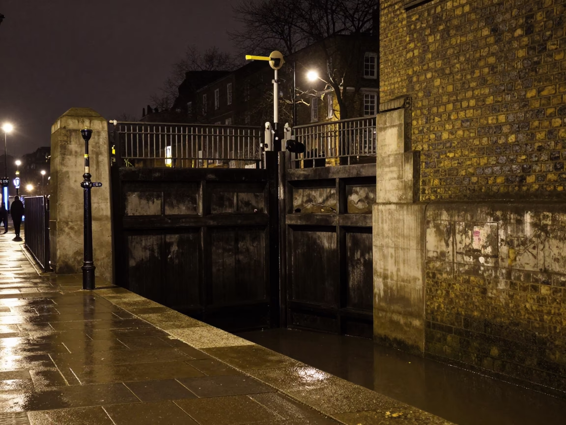 Late Night London Street Scene with Sluice Gate and Damp Canal Edge in in London, United Kingdom