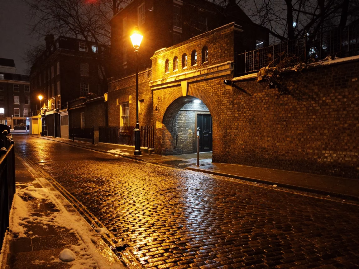 Late Night London Street Scene with Sodium Lamp Illuminated Tunnel Portal and Snow in in London, United Kingdom
