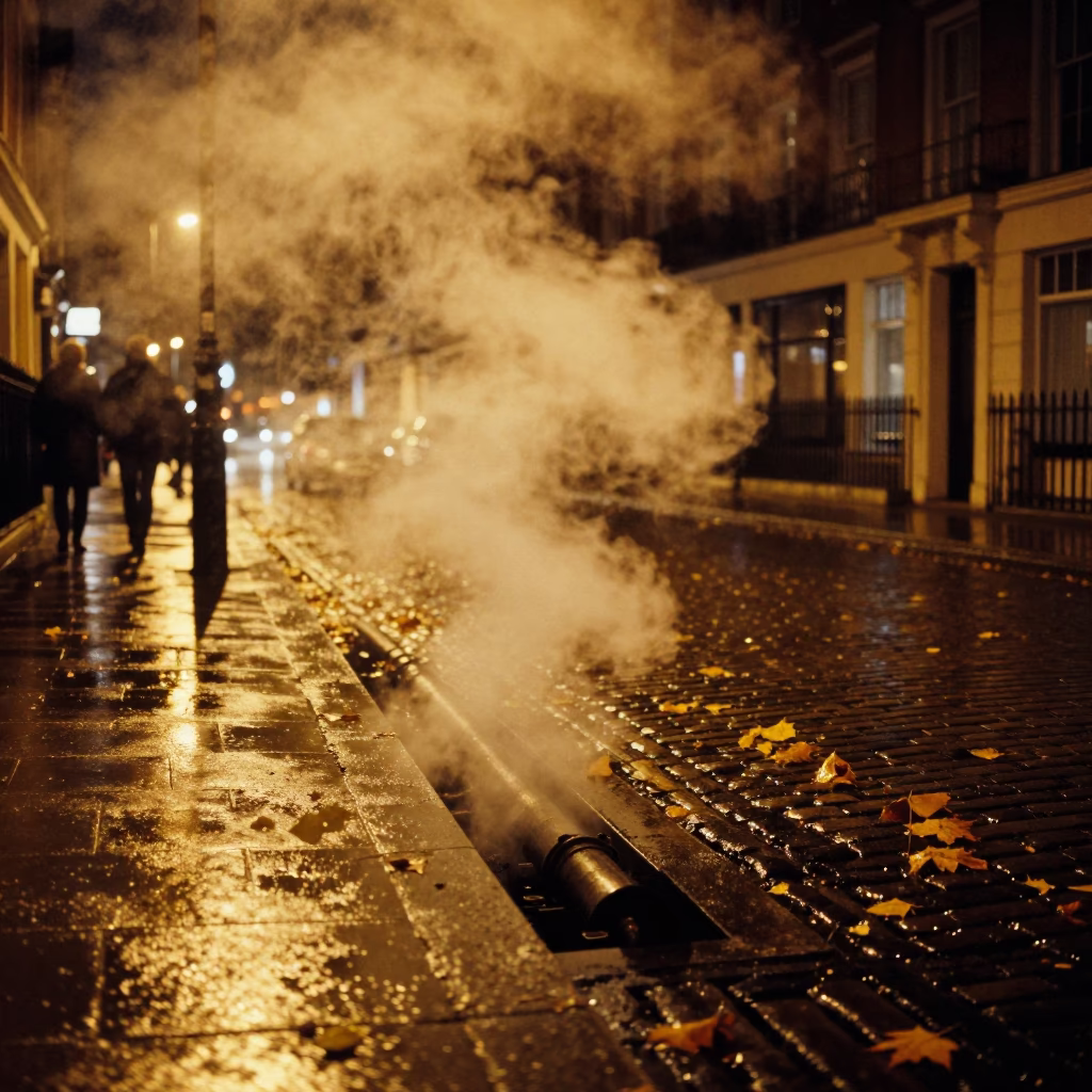 Late Night London Street Scene with Steam Haze and Urban Details in in London, United Kingdom