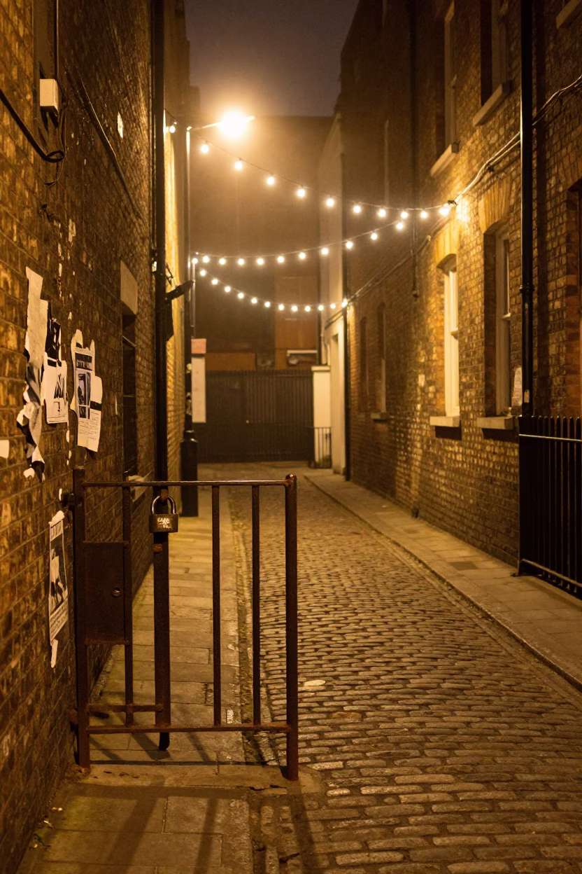 Late Night London Street Scene with String Lights and Padlock on Brick Wall in in London, United Kingdom