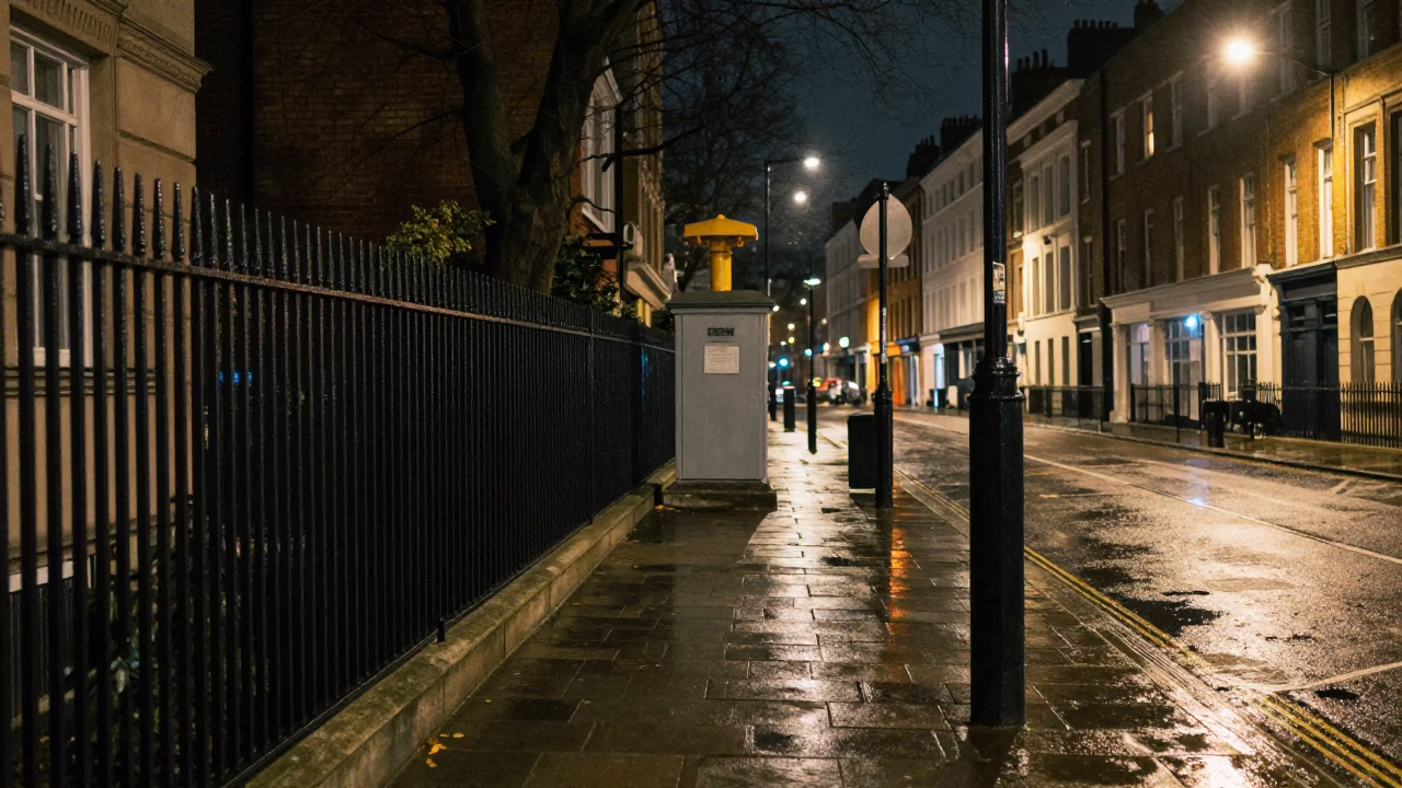 Late Night London Street Scene with Substation Fence and Urban Atmosphere in in London, United Kingdom