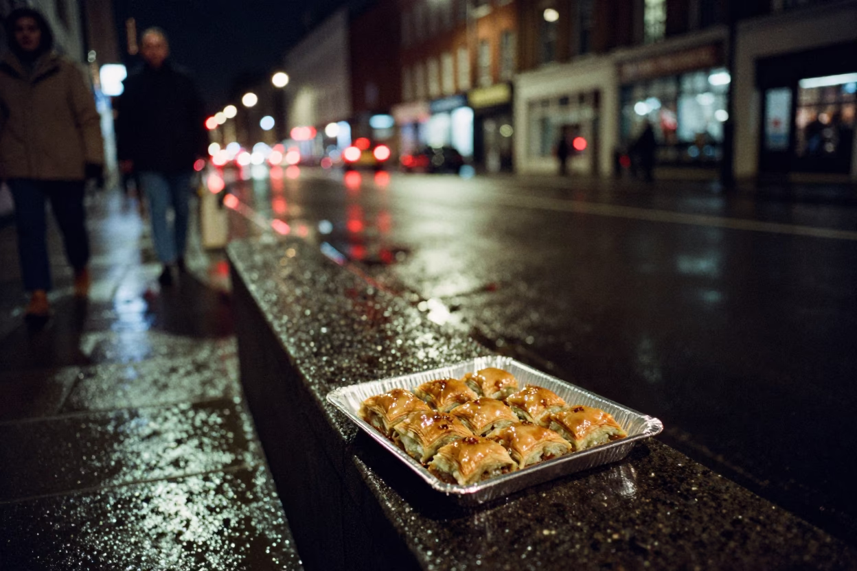 Late Night London Street Scene with Takeaway Food and Wet Pavement Reflections in in London, United Kingdom