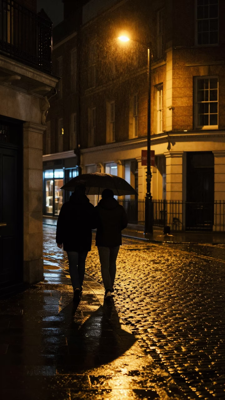 Late Night London Street Scene with Umbrella and Wet Pavement Reflections in in London, United Kingdom