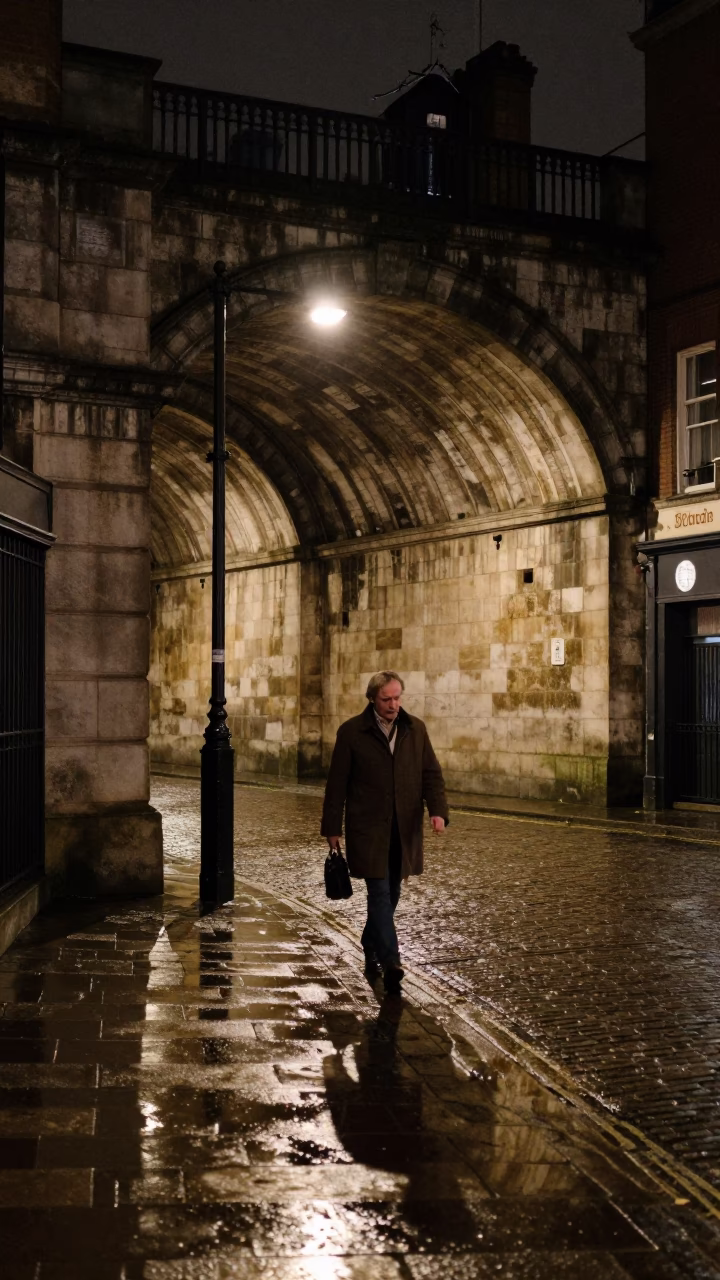 Late Night London Street Scene with Viaduct Arch Undercroft and Dripping Ferny Stone in in London, United Kingdom