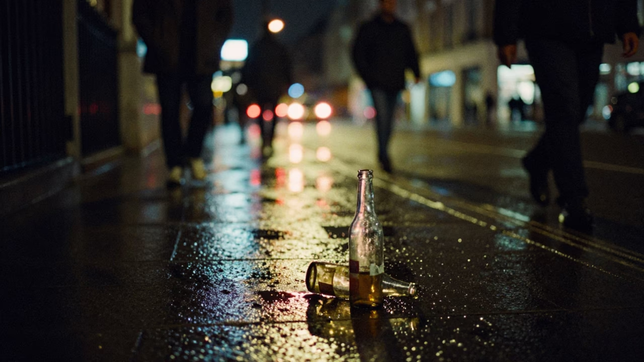 Late Night London Street Scene with Vintage Bottle and Wicker Shadow in in London, United Kingdom