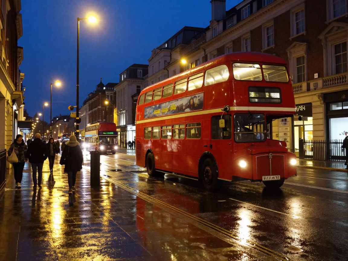 Late Night London Street Scene with Vintage Bus and Urban Infrastructure in in London, United Kingdom