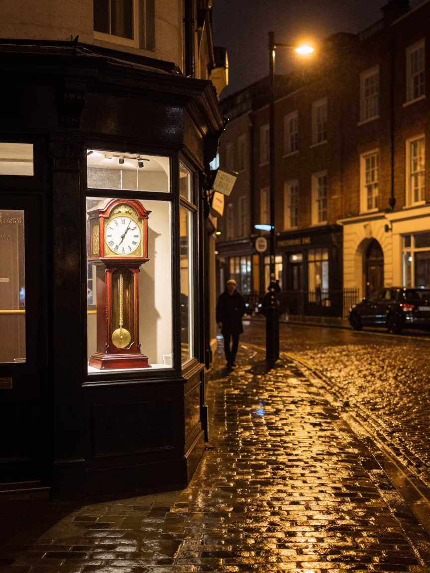 Late Night London Street Scene with Vintage Clock and Porcelain Details in in London, United Kingdom