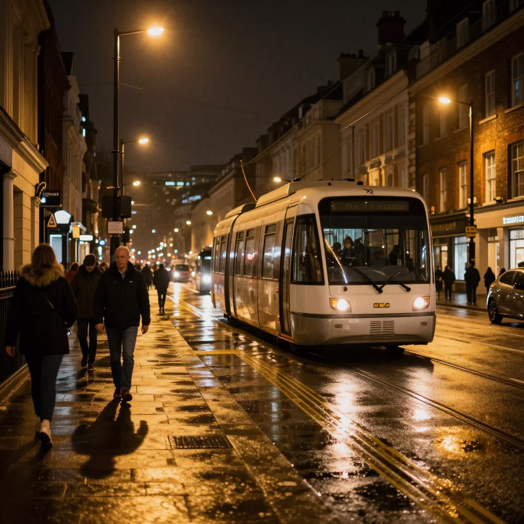 Late Night London Street Scene with Vintage Monorail and Rain-Slicked Pavement in in London, United Kingdom