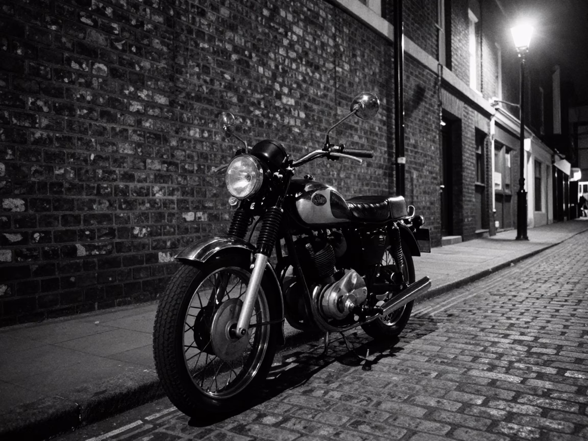 Late Night London Street Scene with Vintage Motorcycle and Woven Basket in in London, United Kingdom