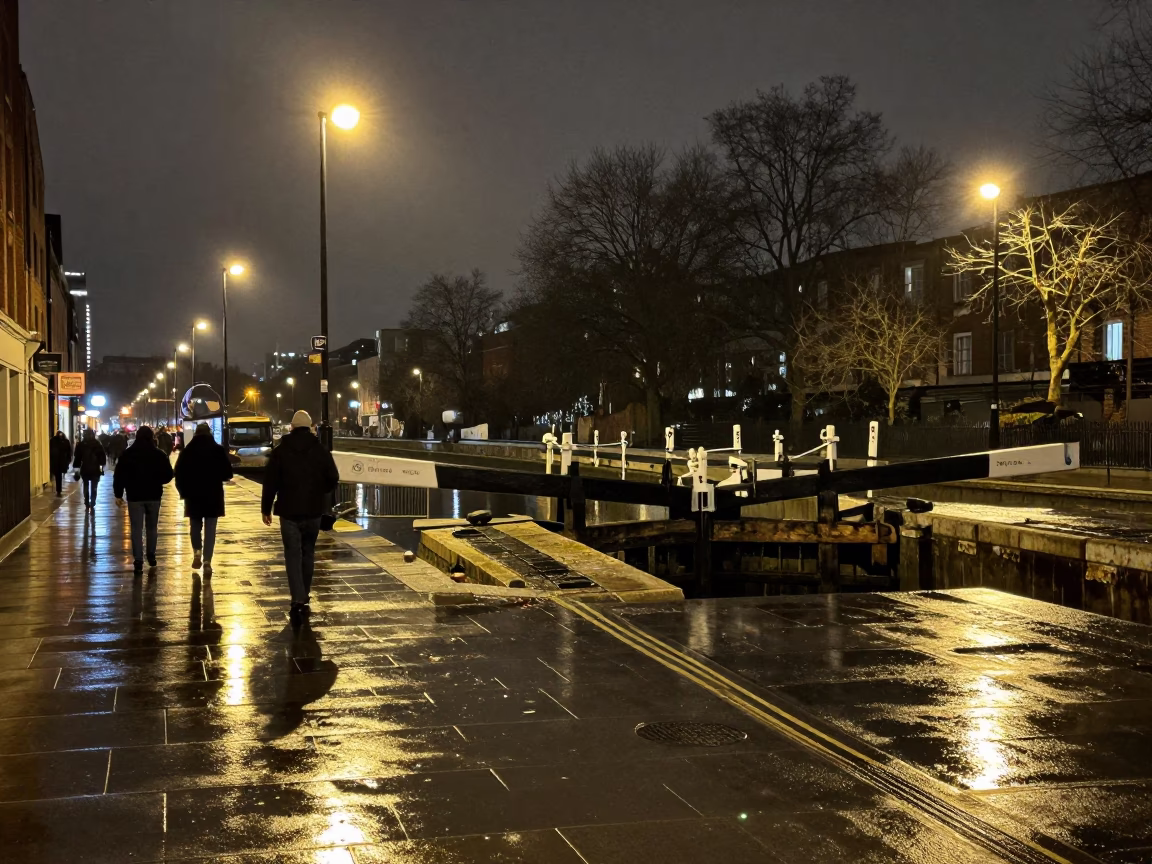 Late Night London Street Scene with Wet Pavement Reflections and Urban Decay in in London, United Kingdom