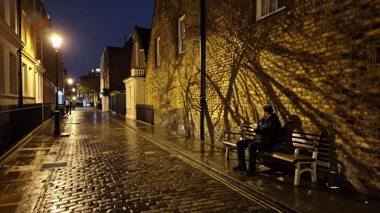 Late Night London Street Scene with Wicker Shadow on Cup Rim and Urban Ambiance in in London, United Kingdom