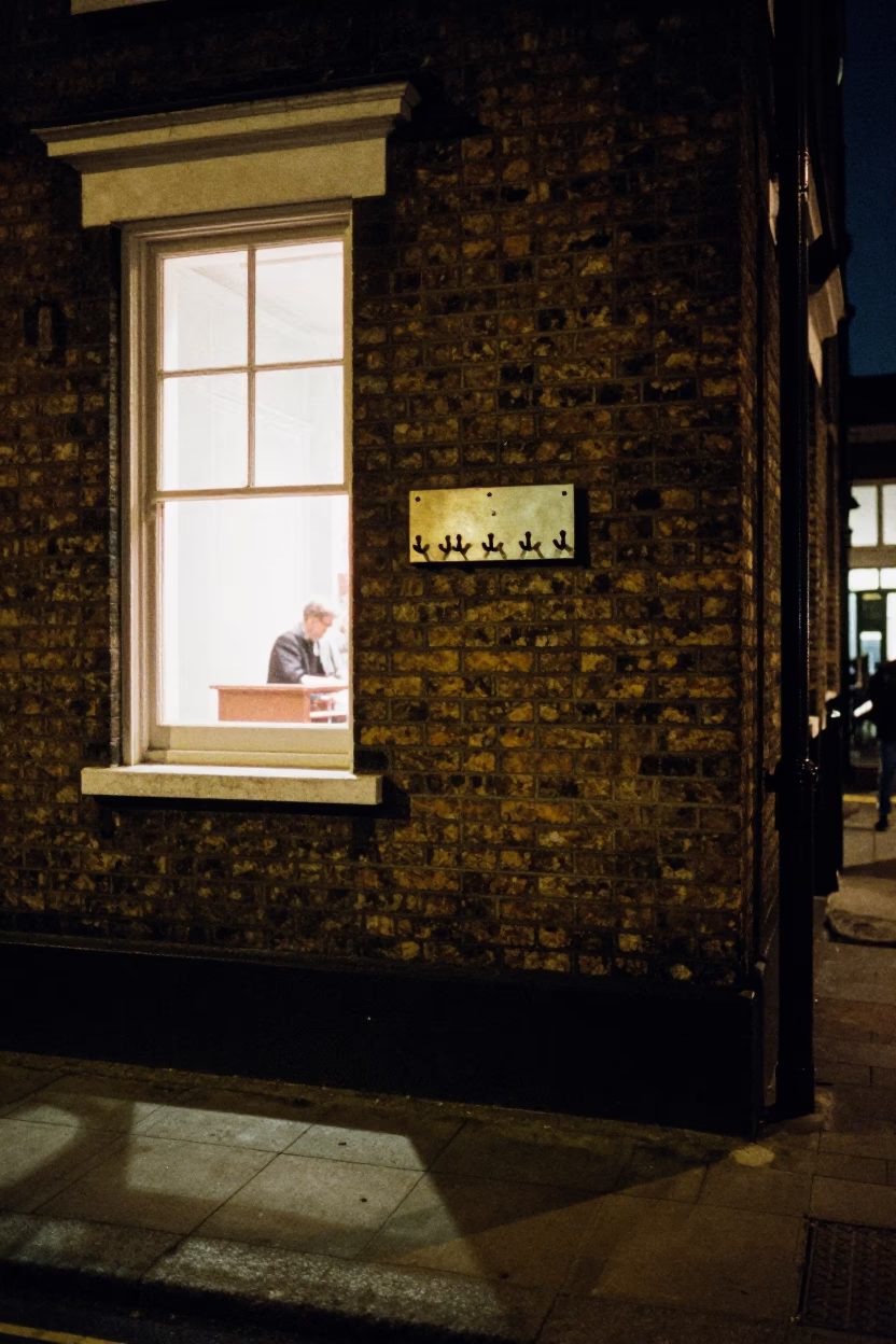Late Night London Street Scene with Window Light and Urban Details in in London, United Kingdom