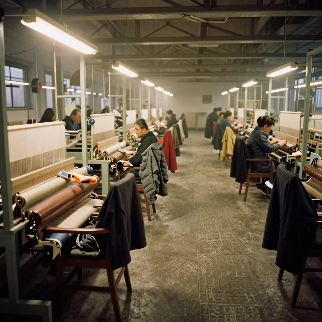 Late Night Looms in Xian Textile Factory in on a factory floor near Xian