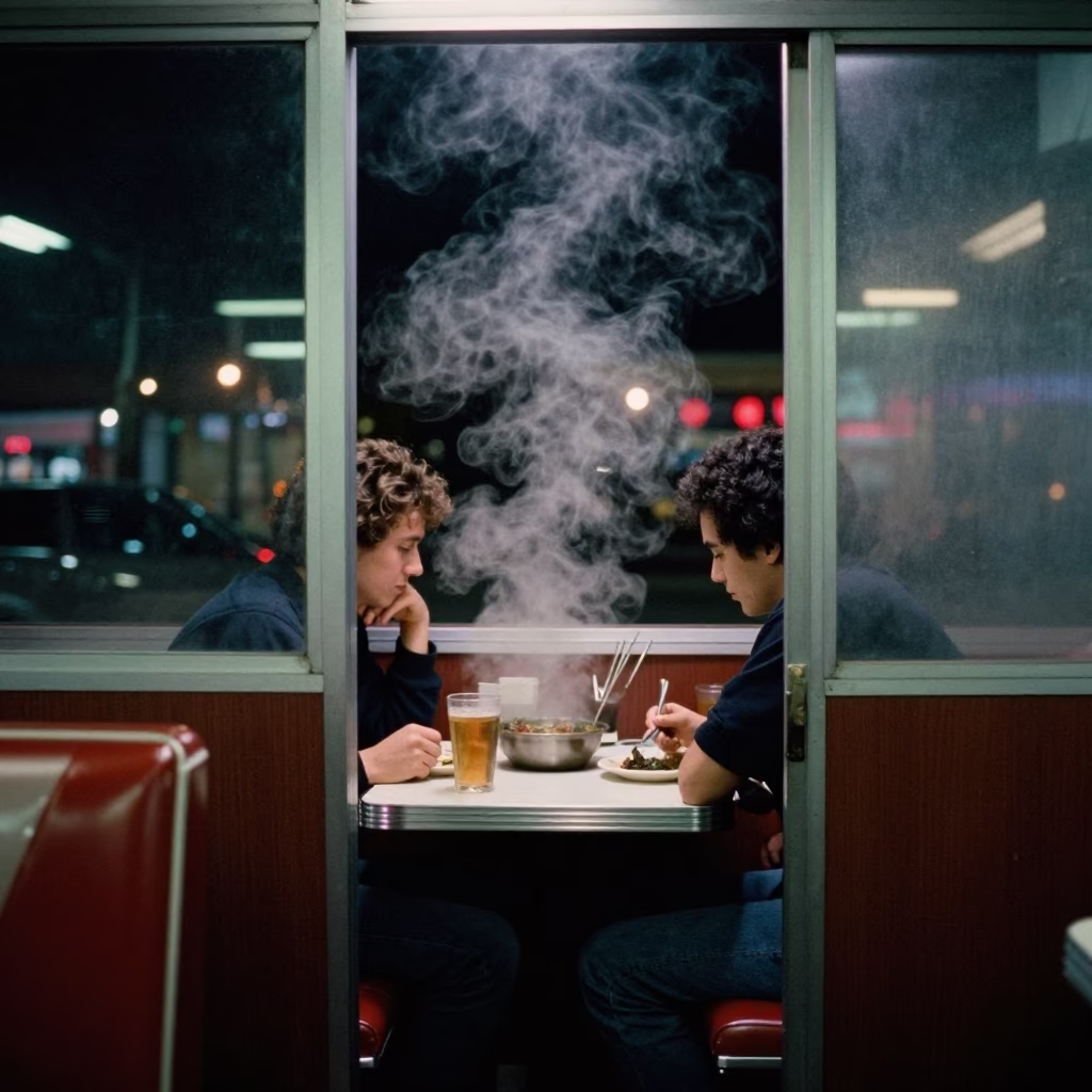 Late Night Los Angeles Diner Booth with Steam Haze and Rusty Cabinet Door in in Los Angeles, California, United States