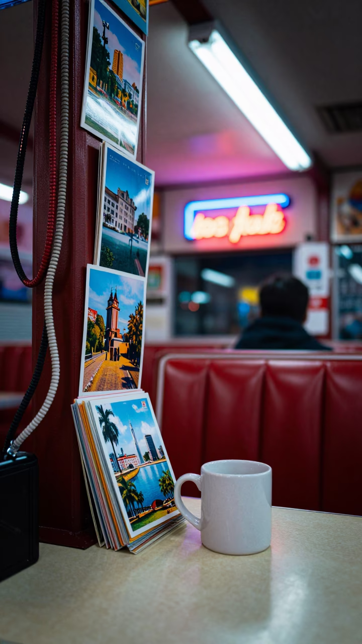 Late Night Los Angeles Diner Interior with Postcards and Cords on Counter in in Los Angeles, California, United States