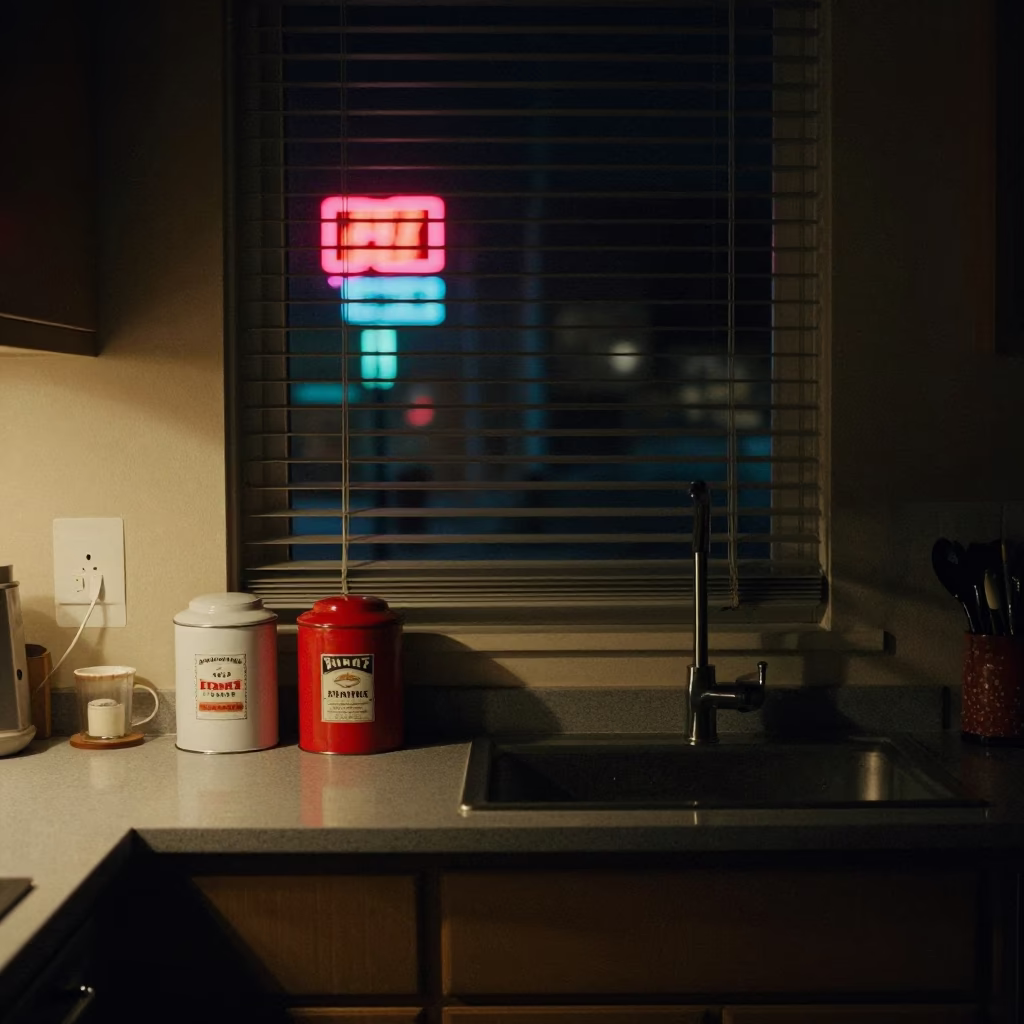 Late Night Los Angeles Kitchen Counter with Coffee Tin and Steam in in Los Angeles, California, United States
