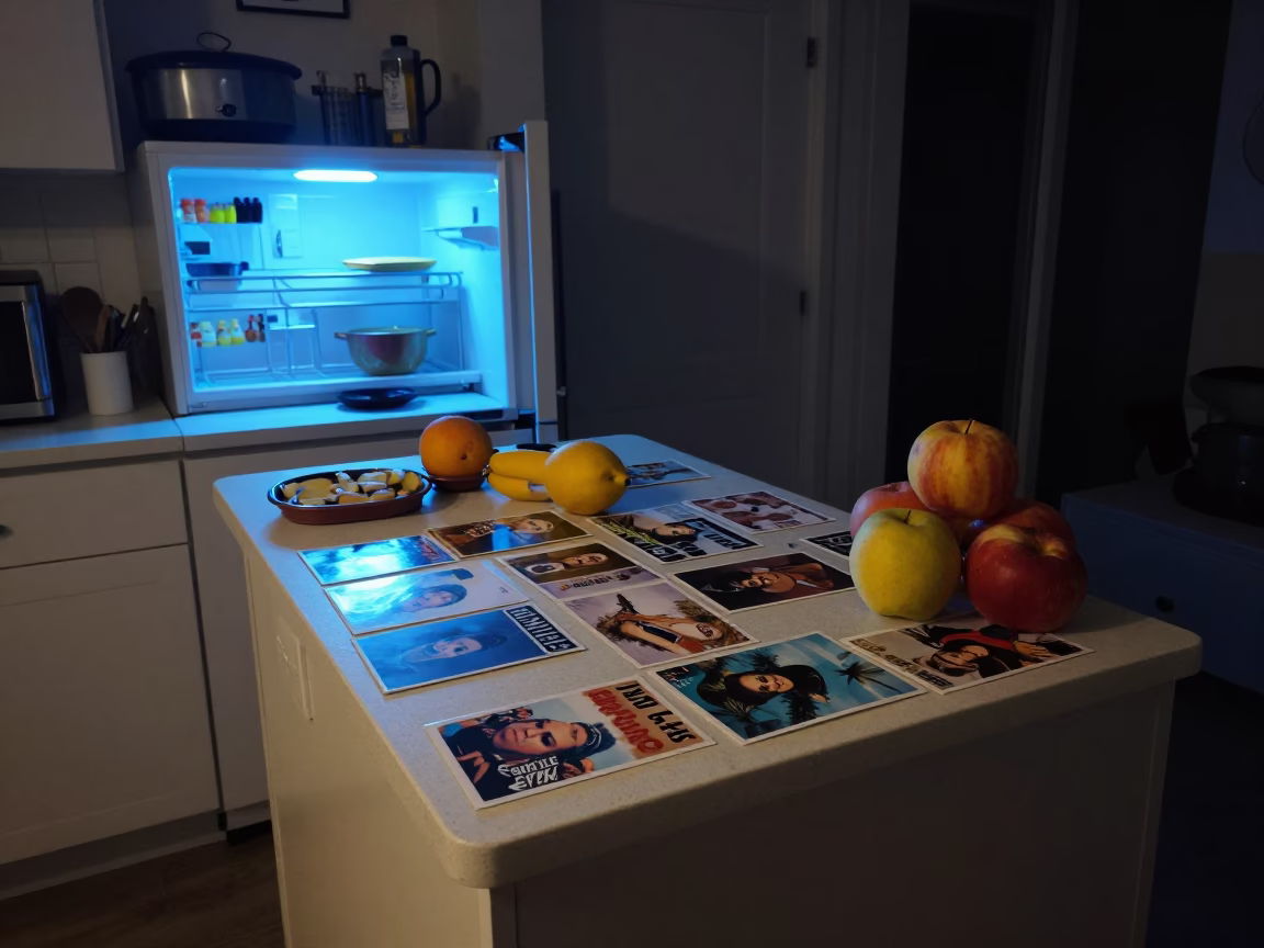 Late Night Los Angeles Kitchen Counter with Postcards and Fruit Crate at Night in in Los Angeles, California, United States