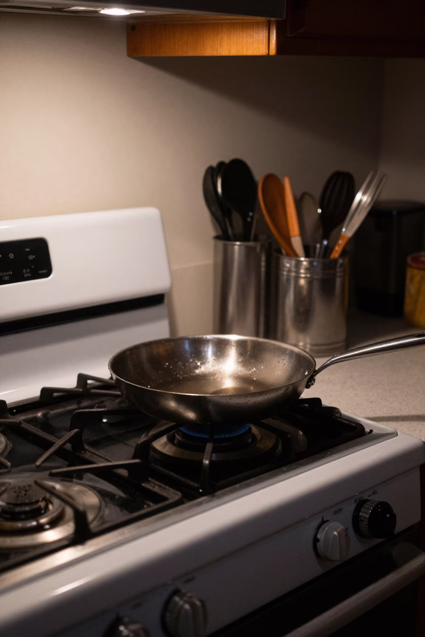 Late Night Los Angeles Kitchen Scene with Skillet and Steel Lid at Midnight in in Los Angeles, California, United States
