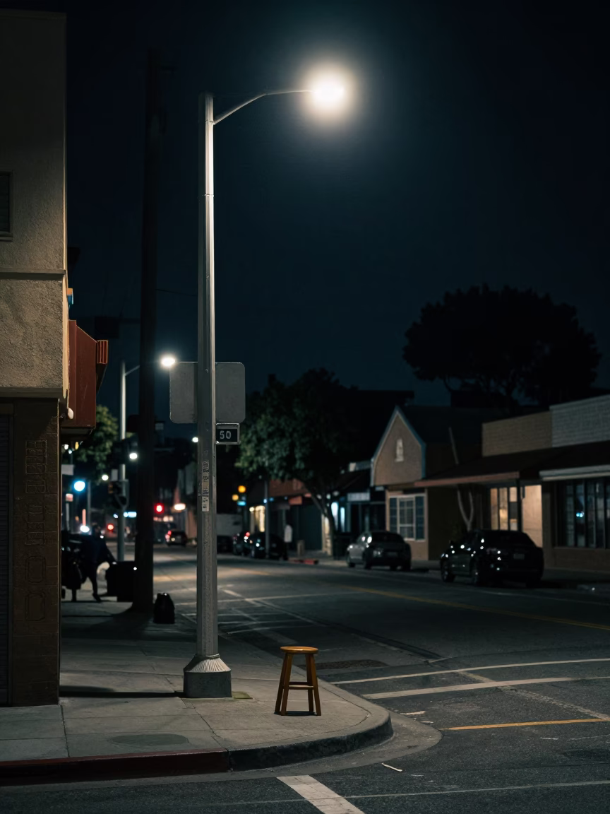 Late Night Los Angeles Street Corner with Wooden Stool and Urban Debris in in Los Angeles, California, United States