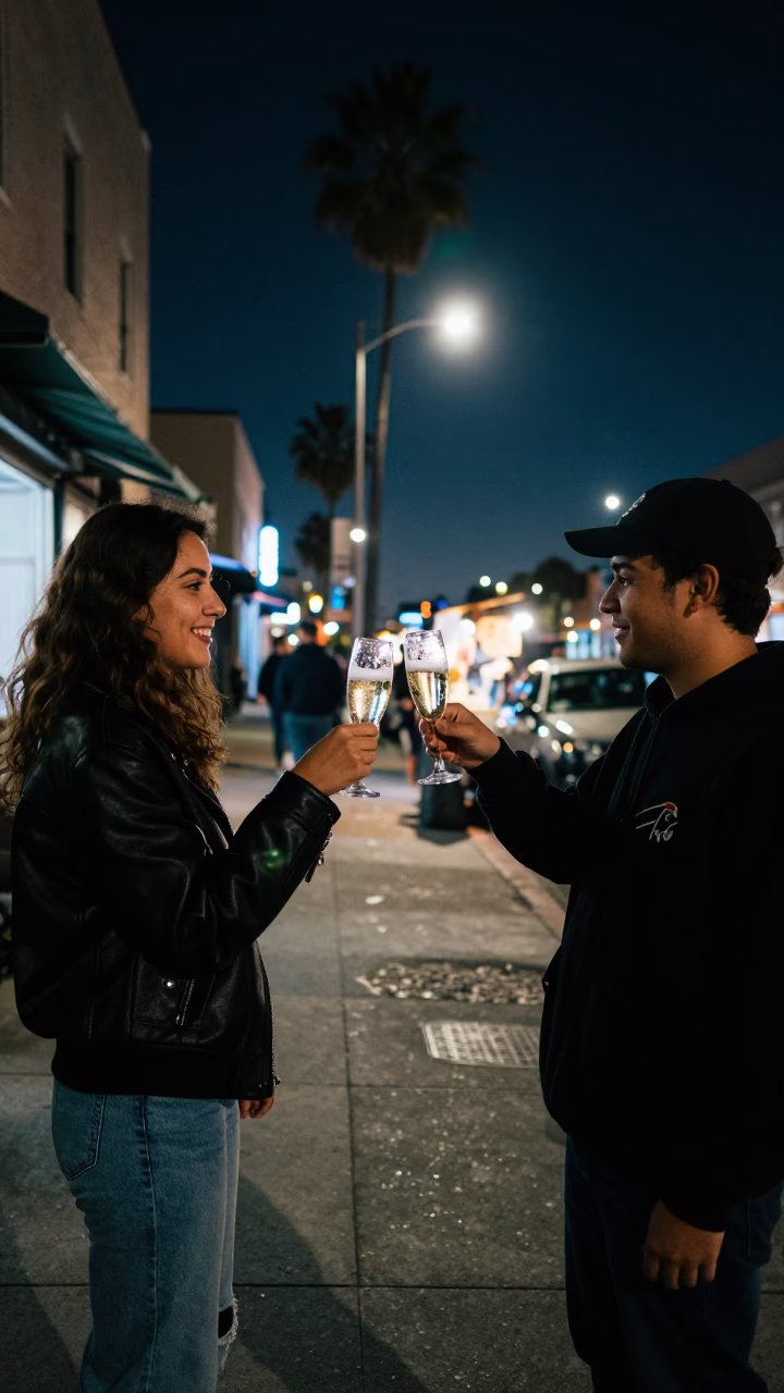 Late Night Los Angeles Street Food Scene with Toasting Glasses Under Deep Night Sky in in Los Angeles, California, United States