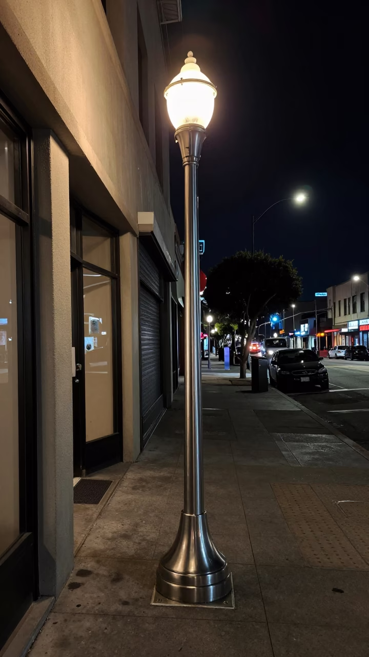 Late Night Los Angeles Street Scene with Brushed Steel Lamp Base and Step Stools in in Los Angeles, California, United States