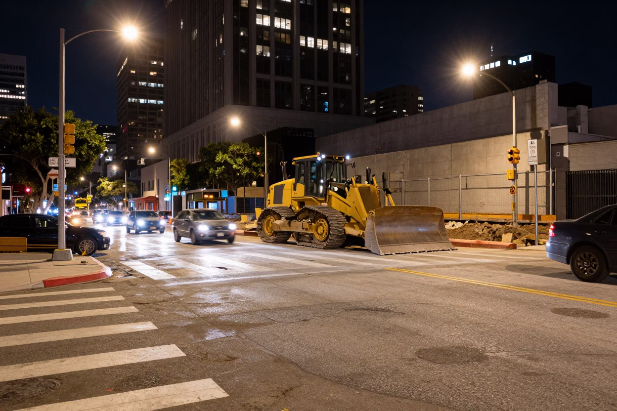 Late Night Los Angeles Street Scene with Construction and City Lights in in Los Angeles, California, United States