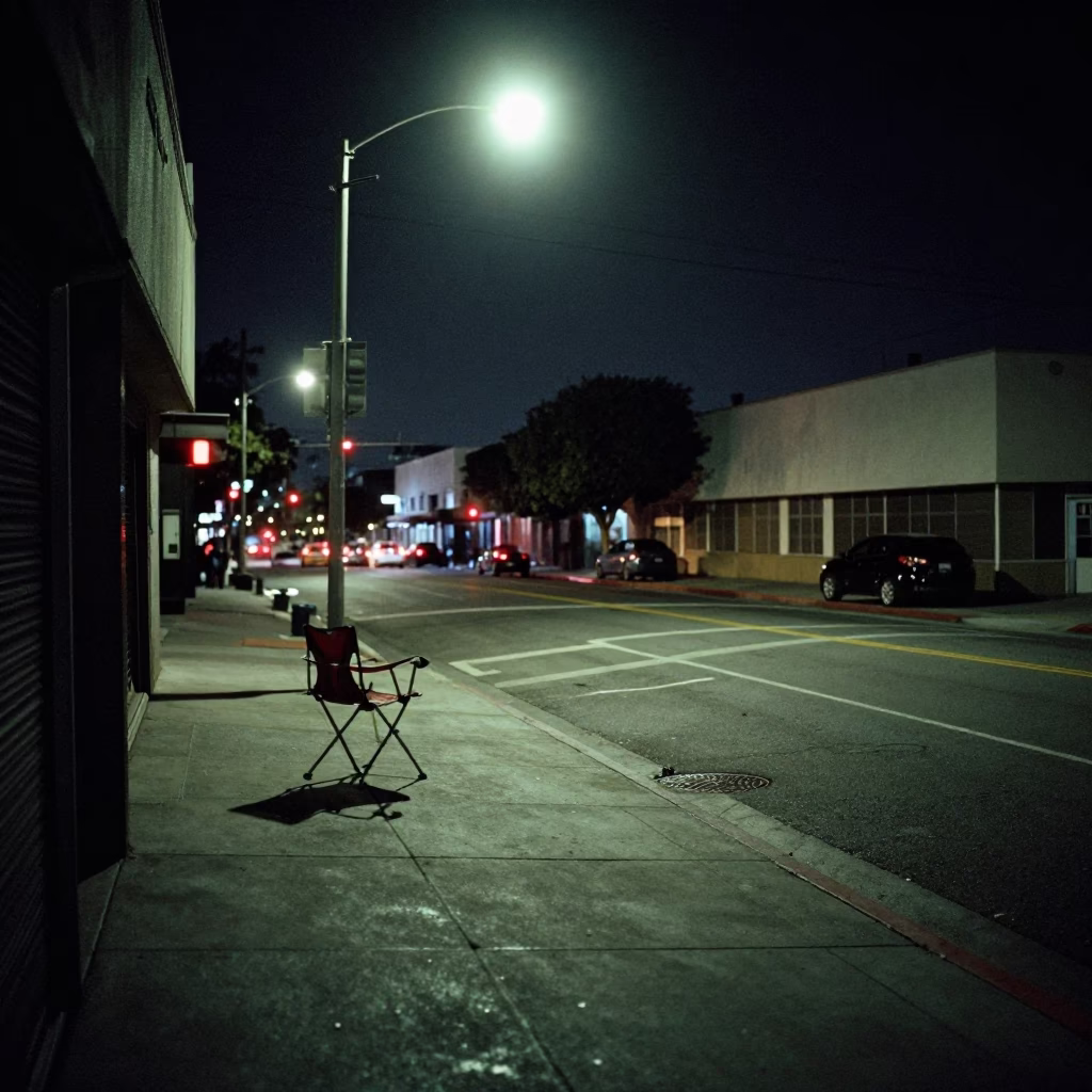 Late Night Los Angeles Street Scene with Folding Chair and Urban Light in in Los Angeles, California, United States