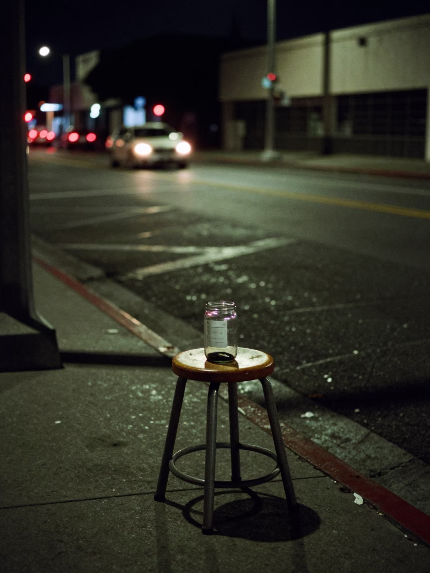 Late Night Los Angeles Street Scene with Glass Jar and Work Stool in in Los Angeles, California, United States
