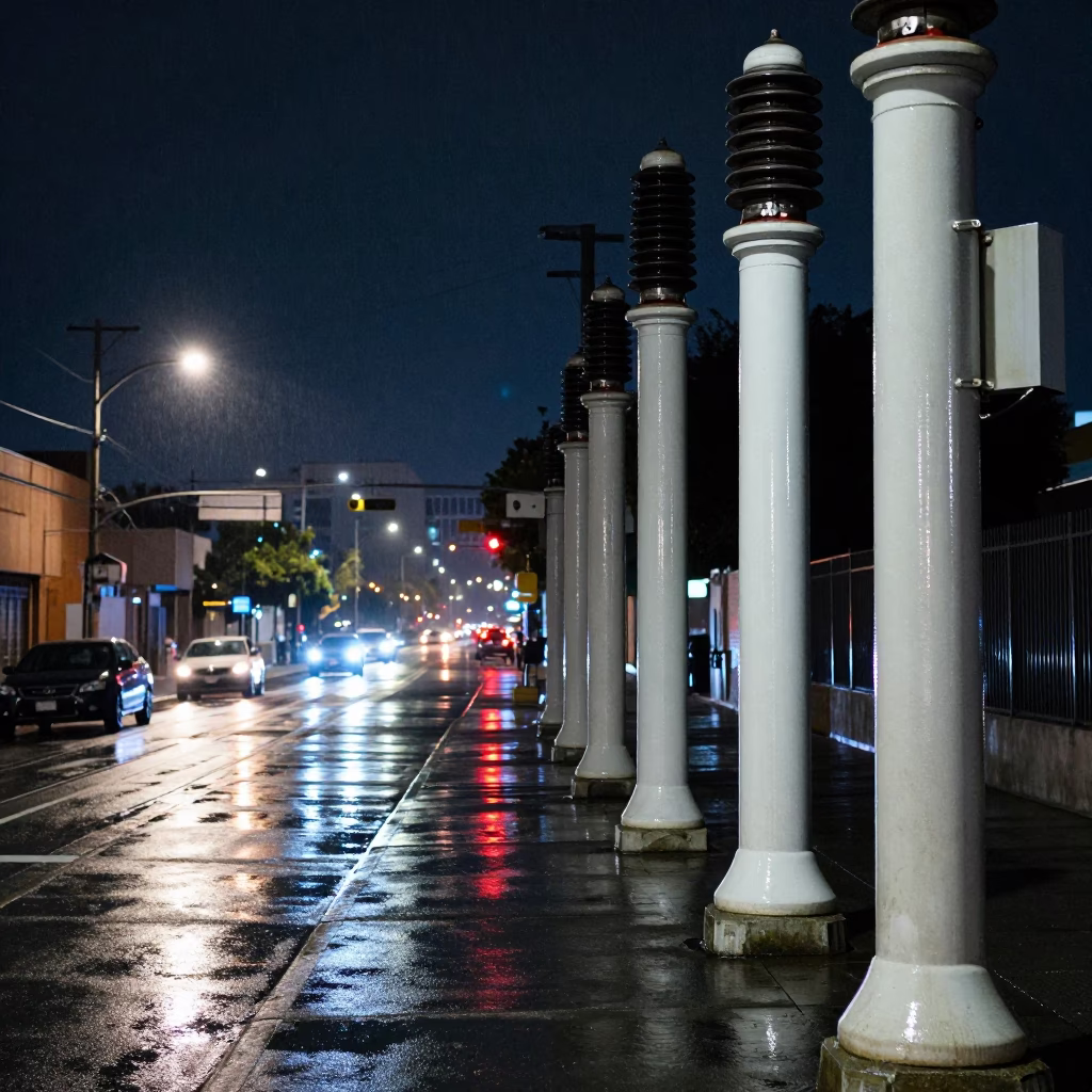 Late Night Los Angeles Street Scene with Grease Sheen and Urban Substation Details in in Los Angeles, California, United States
