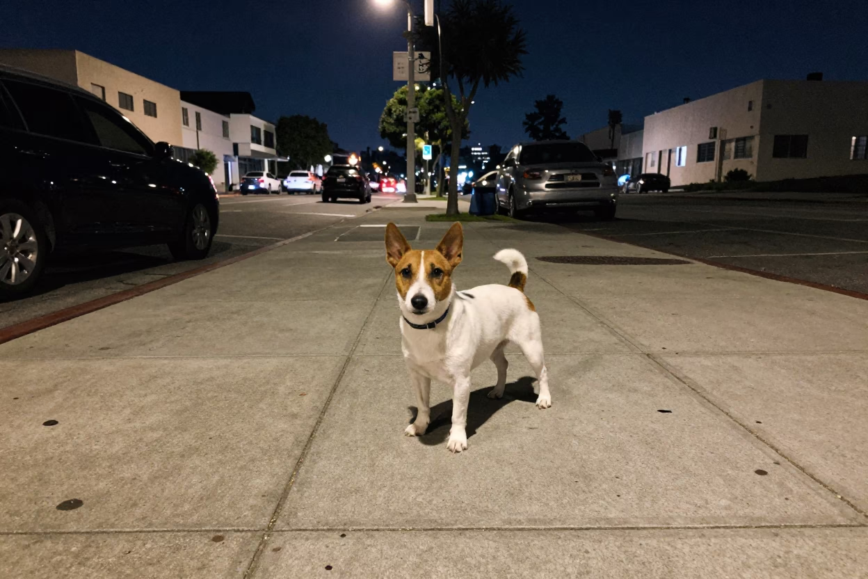 Late Night Los Angeles Street Scene with Miniature Bull Terrier and Urban Night Ambiance in in Los Angeles, California, United States