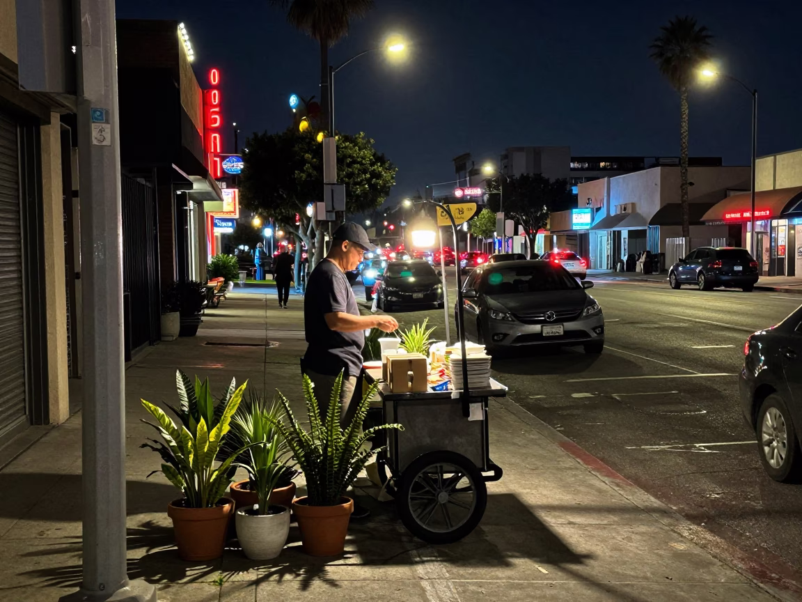 Late Night Los Angeles Street Scene with Neon Lights and Urban Activity in in Los Angeles, California, United States