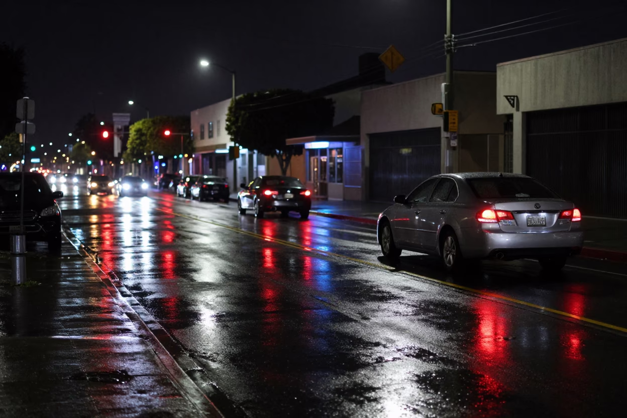 Late Night Los Angeles Street Scene with Neon Reflections and Parked Cars in in Los Angeles, California, United States