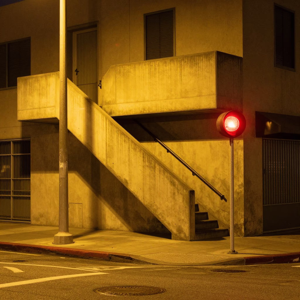 Late Night Los Angeles Street Scene with Red Bulb Lit Stairwell and Urban Details in in Los Angeles, California, United States