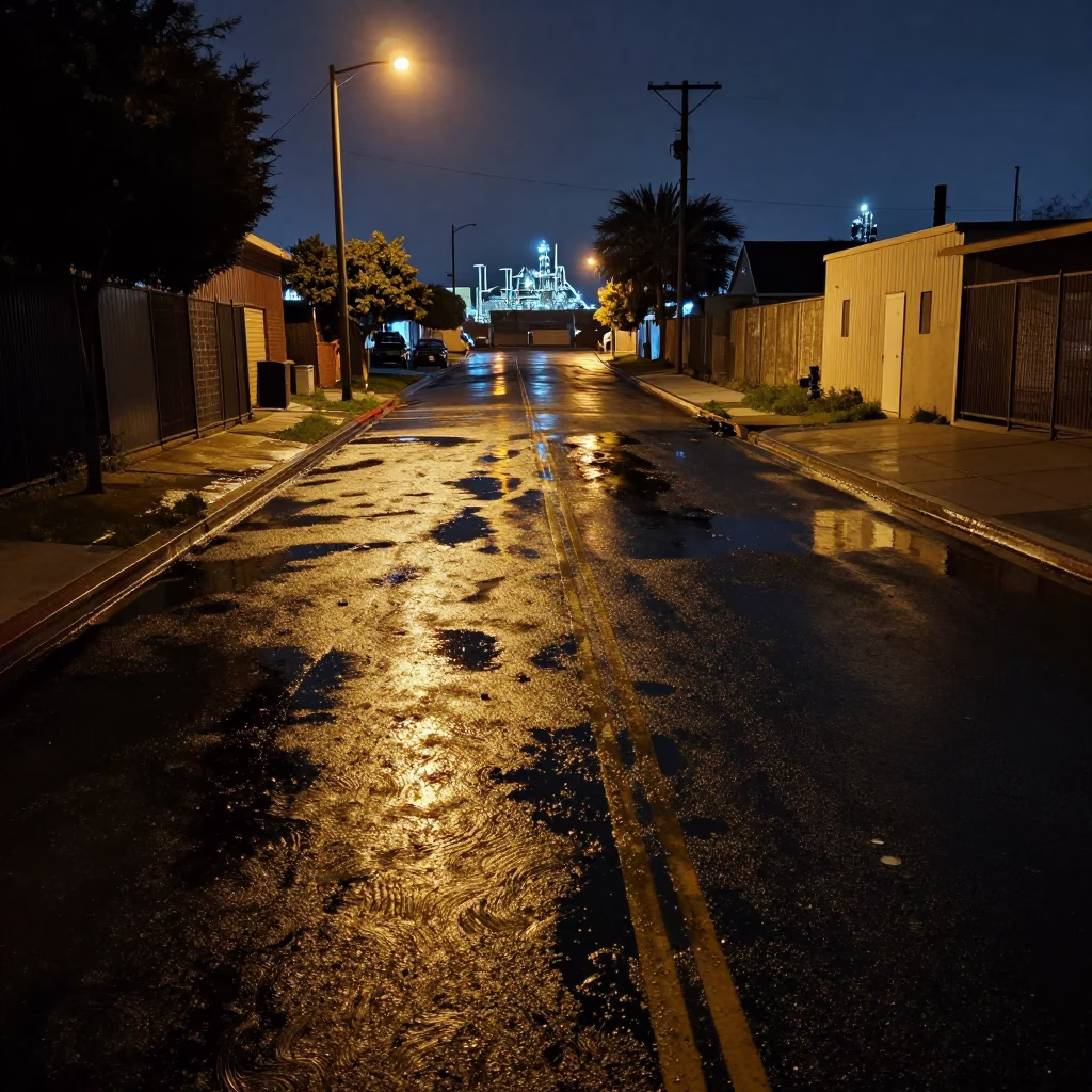 Late Night Los Angeles Substation Access Road Puddled with Oil Sheen Rainwater in in Los Angeles, California, United States