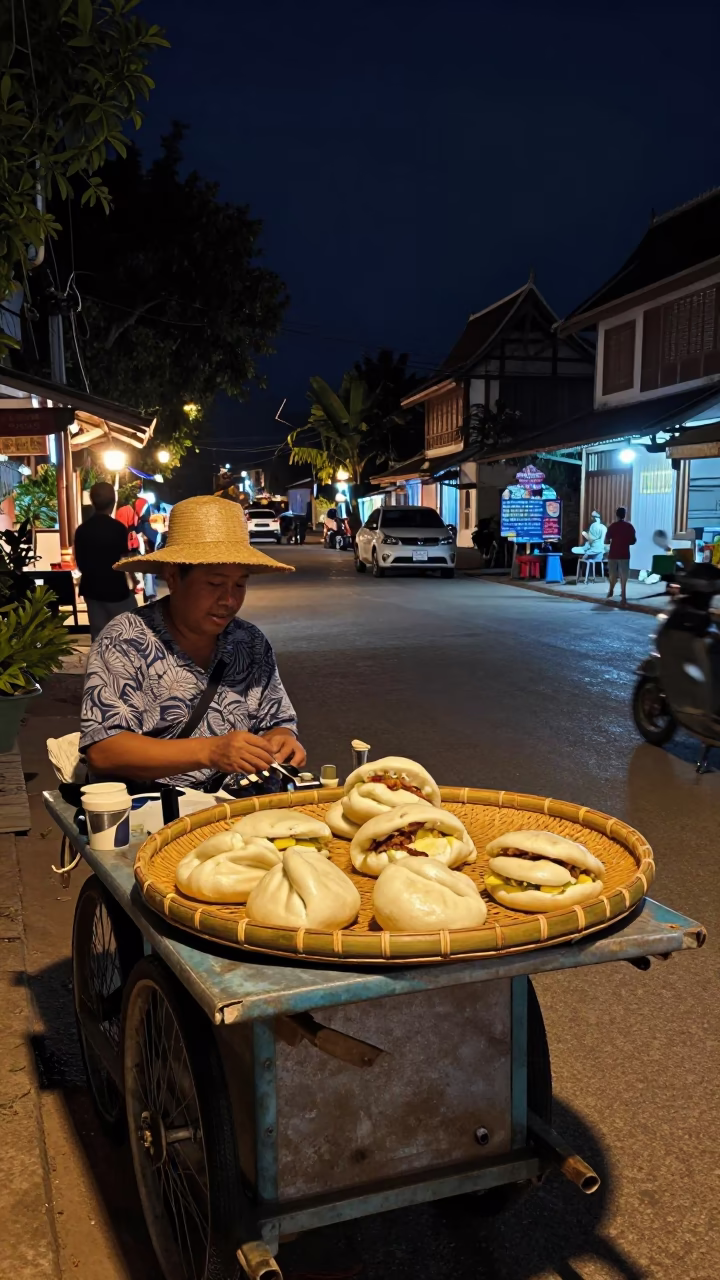 Late Night Luang Prabang Street Scene with Bamboo Food Trays and Gate Handles in in Luang Prabang, Laos